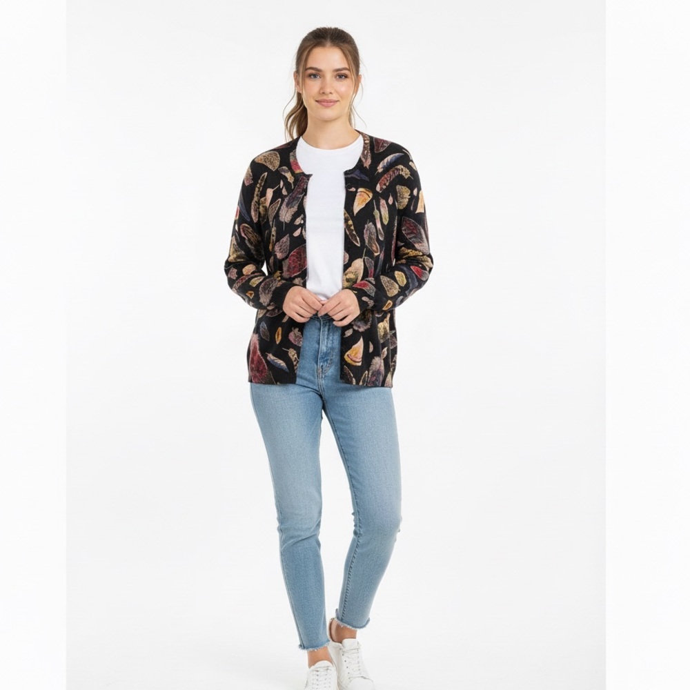 Liz Claiborne Multicolor Feather Print Silk Cardigan - Picture 3 of 11